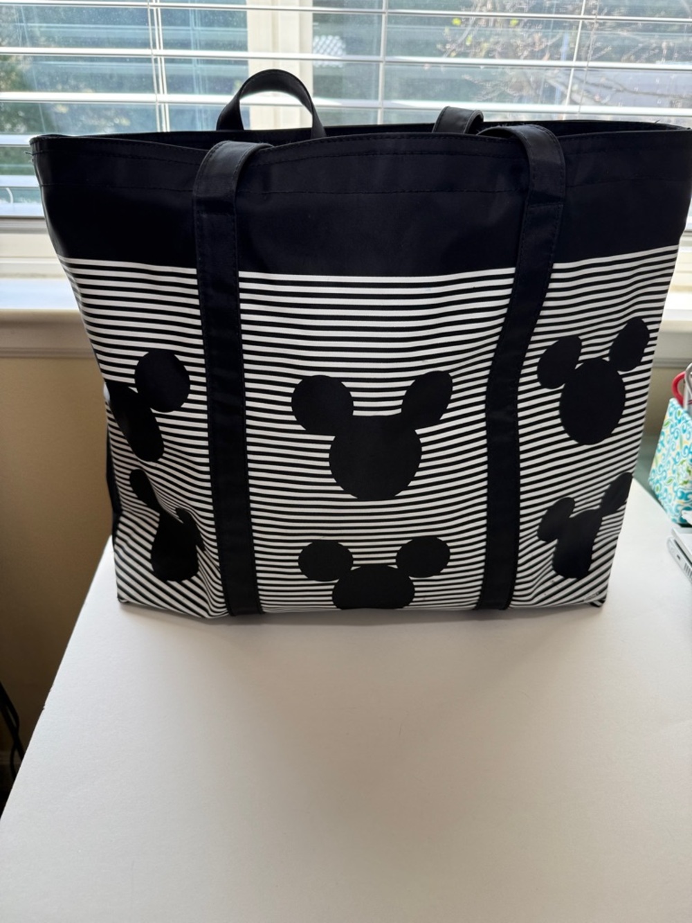 Disney Black & White Striped Tote with Mickey Head Silhouette